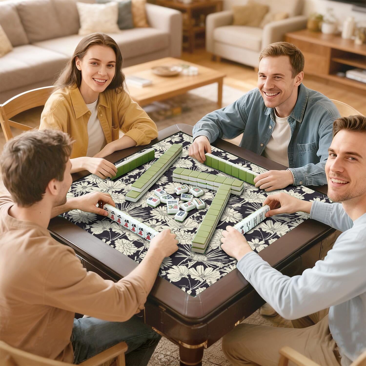 Floral Mahjong Game Night Mat 31.5 Inch Square Rubber Surface Provides Secure Grip for Tiles and Reduces Table Noise