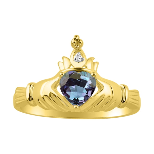 RYLOS Rings 14K Yellow Gold Claddah Love, Loyalty & Friendship Ring Heart 6MM Gemstone & Diamond Claddagh Rings June Alexandrite Jewelry Size 5