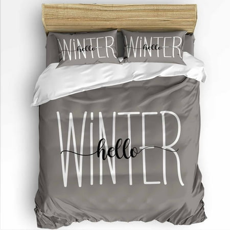 Hello Winter Queen Size Comforter Set, Grey White Letter Retro Art Simple Decor Soft Bedding for All Seasons, 4 Pcs Bed Set with 1Comforter (90"x92") ,1 Sheet(94"x116"), 2 Pillowcases (19"x29")