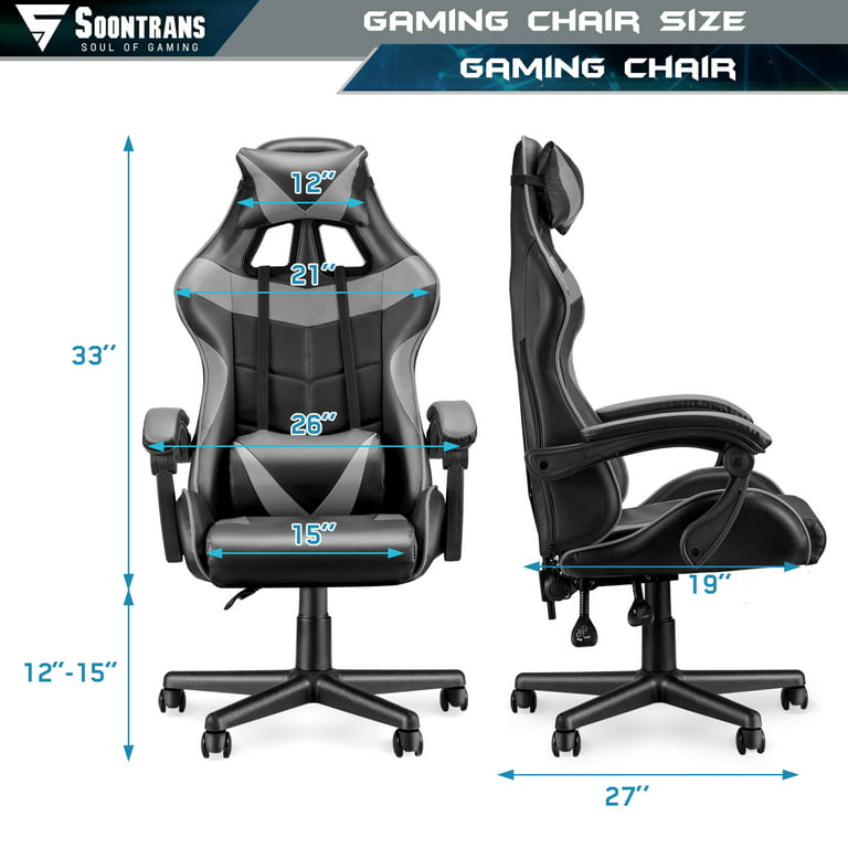Soontrans Gaming Chair with Footrest and Ergonomic Massage Lumbar Pillow PU  Leather Office Chair, Gray 