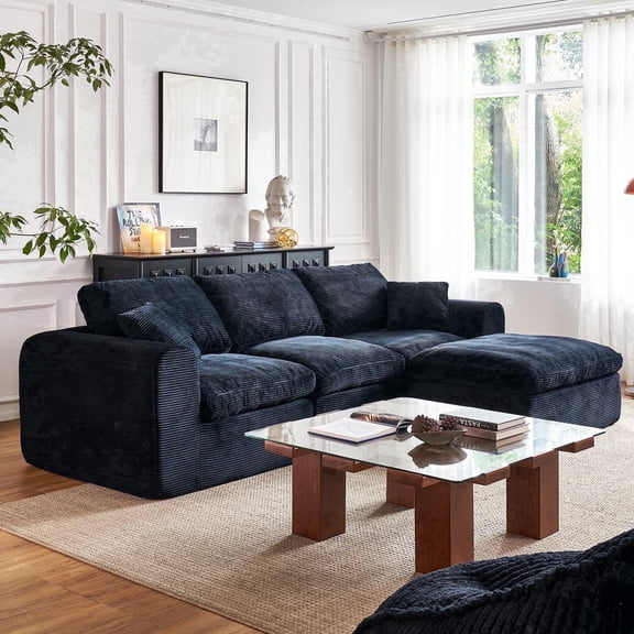 Luxury 108'' Upholstered Boneless Couch with Ottoman Convertible Cloud Sectional Couches for Living room Corduroy Modular Sectional Sofa with Deepseat (Black, 3 Seater   1 Ottoman)