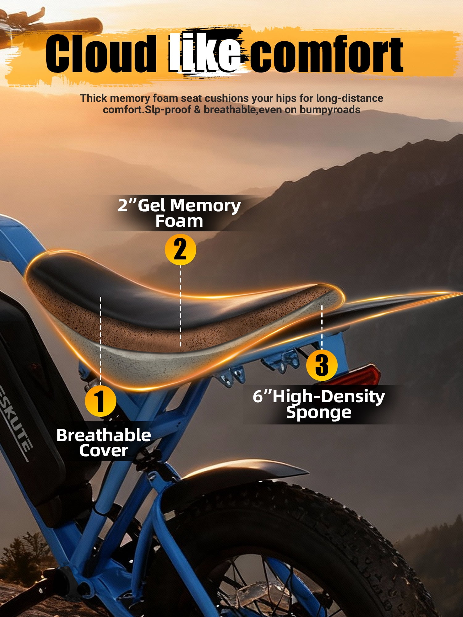 ESKUTE Electric Bike for Adults, 29MPH Dirt E-Bike, 48V 20.8Ah Battery, 20"x4.0" Fat Tires, 80-Mile Range, NFC Unlock, 7-Speed, Dual Suspension, Blue with Rear Rack & Footrests