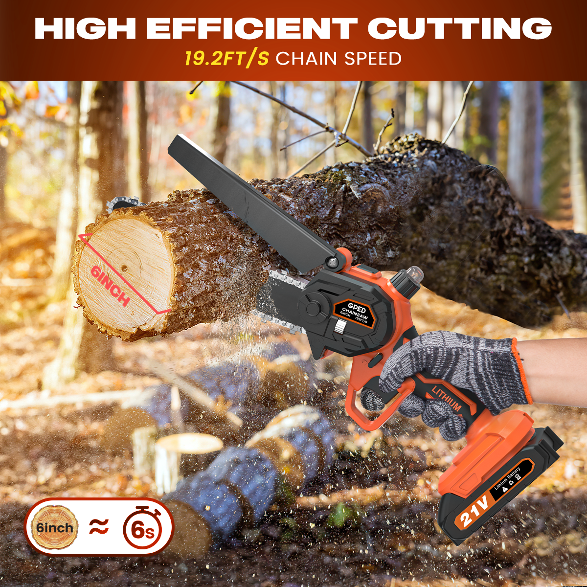 GPED Mini Chainsaw Cordless 6 inch with 2 Battery, Mini Power Chain Saw with Security Lock, Electric Chainsaw, Handheld Small Chainsaw for Tree Trimming Wood Cutting, Orange
