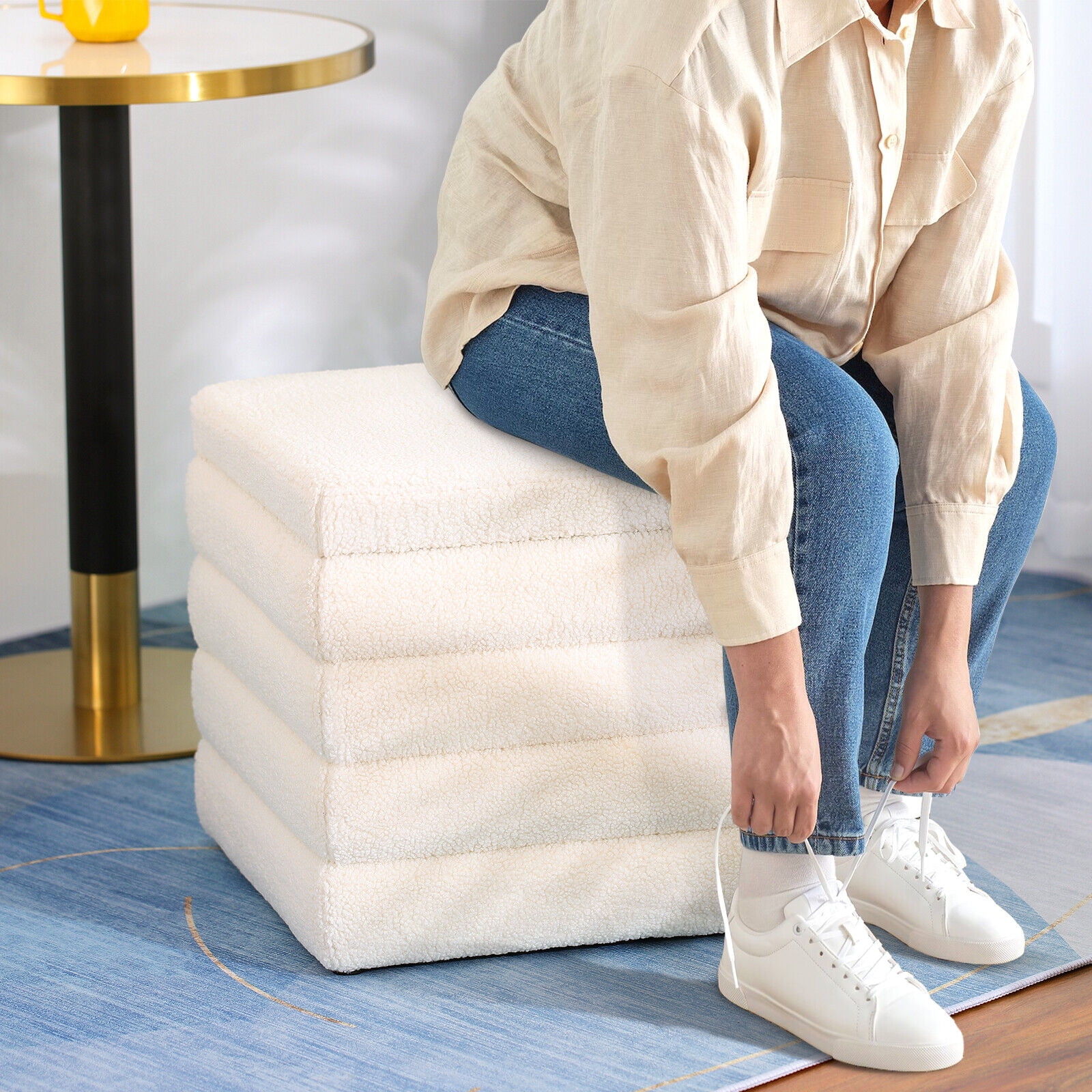 19" Square Storage Ottoman Sherpa Foot Rest Footstool Upholstered Storage Stool Seat White