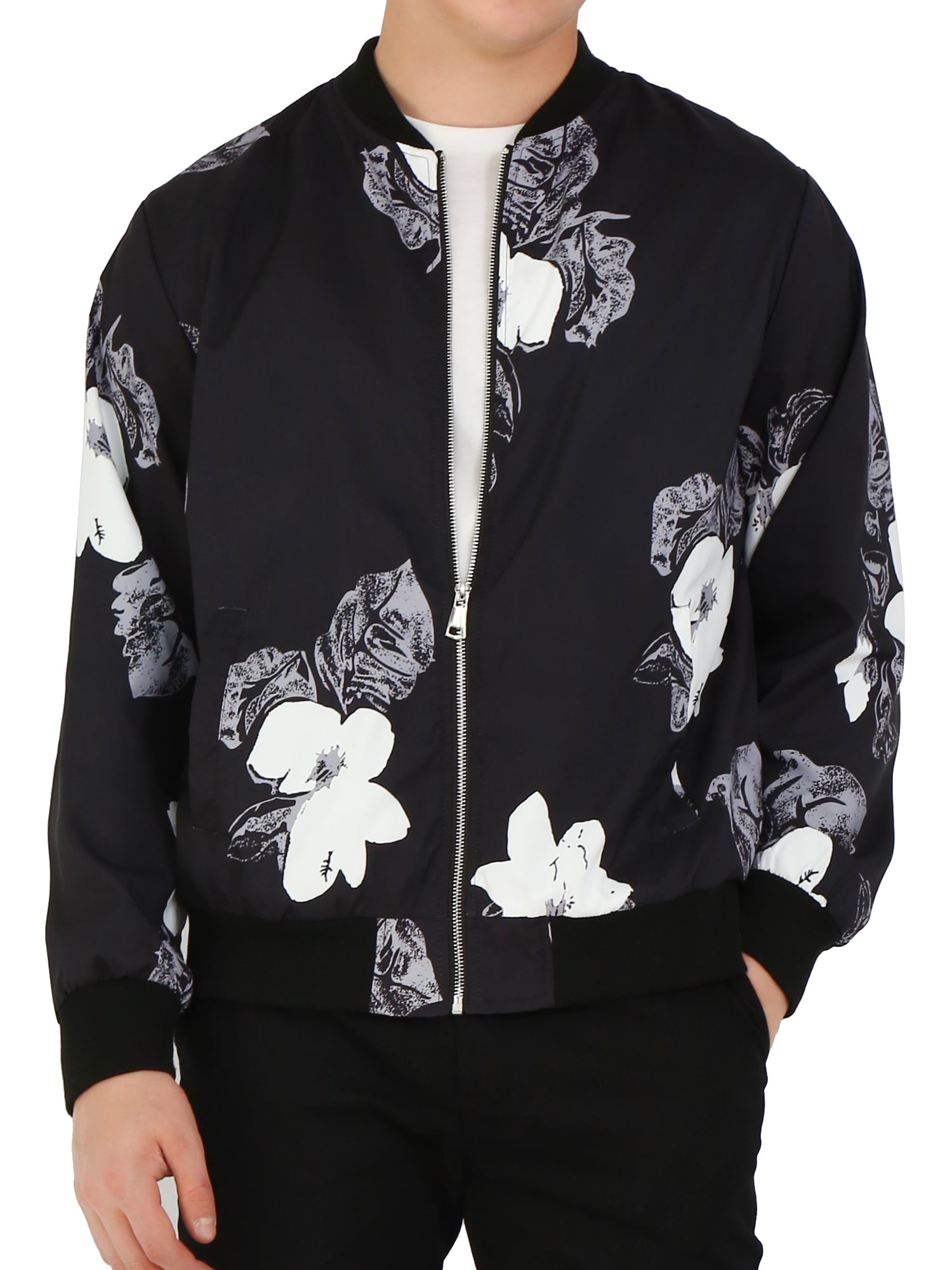 LFCLOSET Blue Floral Pattern Lightweight Mans Jacket with Hood Long Sleeved Zippered Outwear