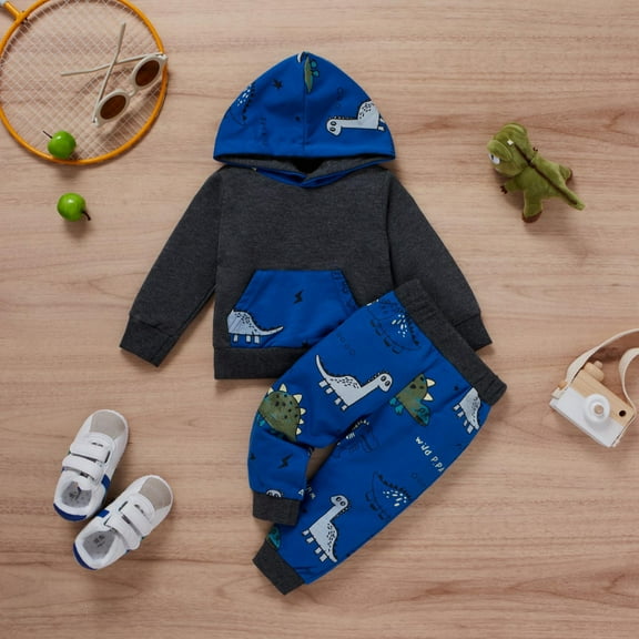 QISIWOLE Toddler Boys Summer Dinosaur Print Long Sleeve Hooded Tops Trousers 2PCS Set Suit Sales