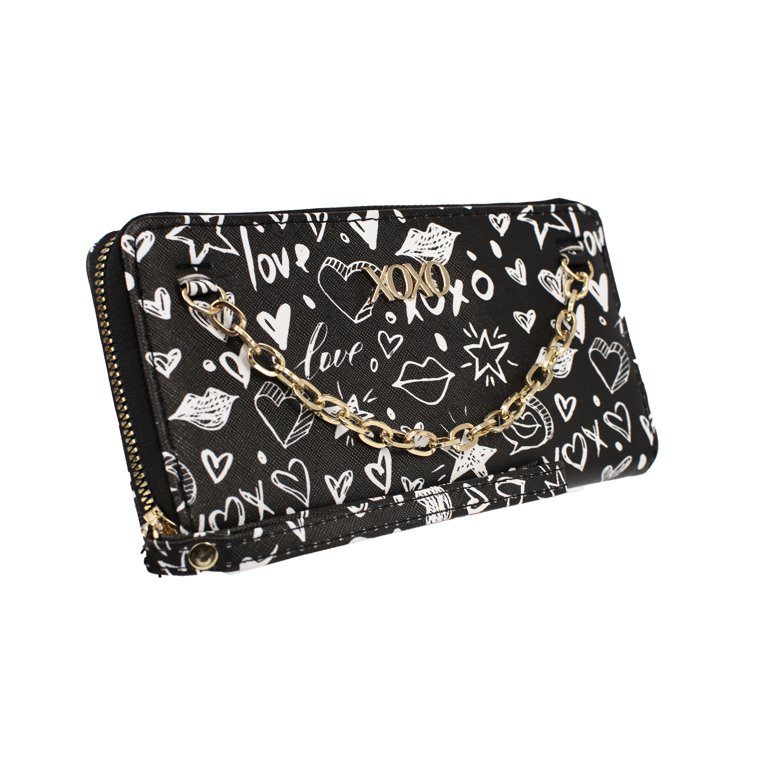 XOXO Women's Small Black Graffeti Print Saffiano Leather Zip Wallet  withChain & Wristlet 