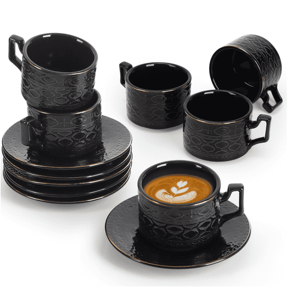 3.2oz Ceramic Cappuccino Cup and Saucer 6-Piece Set – Stackable Coffee Cups for Latte, Café, Mocha, Tea – Ideal Gift for Families,friends, Thanksgiving, Christmas