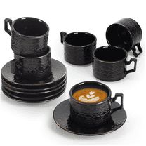 3.2oz Ceramic Cappuccino Cup and Saucer 6-Piece Set – Stackable Coffee Cups for Latte, Café, Mocha, Tea – Ideal Gift for Families,friends, Thanksgiving, Christmas