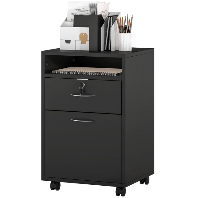 Mobile Small Filing Cabinet with Lockable Drawer & Open Shelf, 23.6" Black Particle Board Office Storage Organizer on Wheels for Home Office, Printer Stand & Paperwork Storage