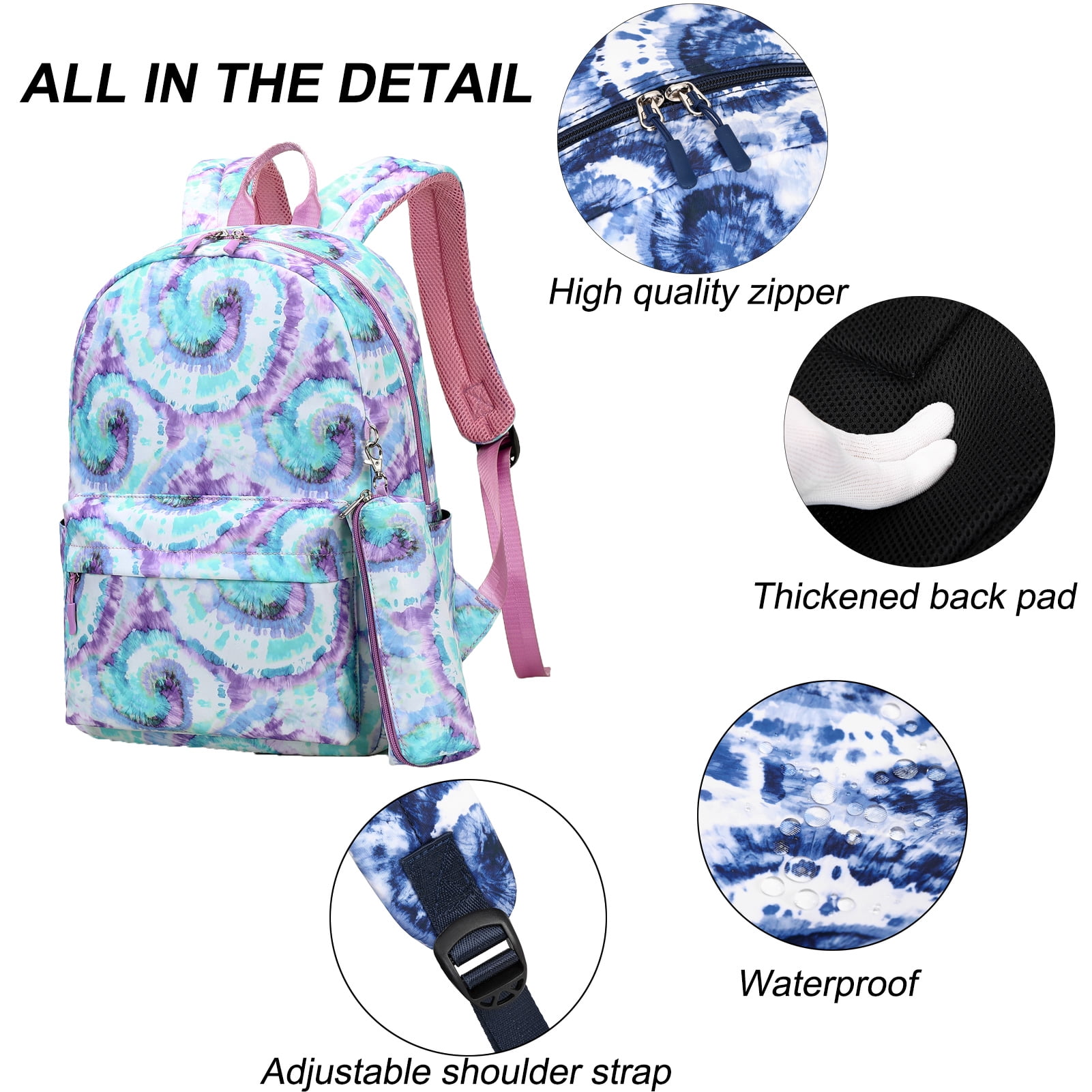 Forestfish Green Tie Dye Backpack Set for Teen with Lunch Bag and Pencil Case Water Resistant Lightweight Large Bookbag