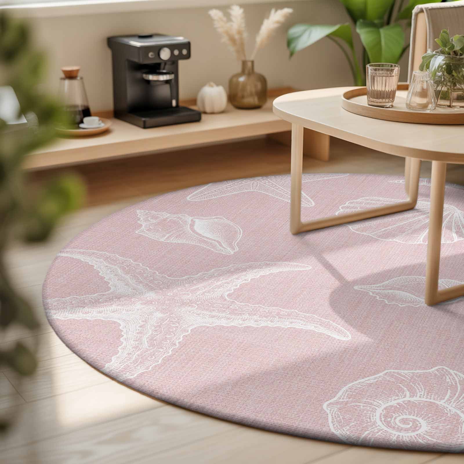 Round Area Rugs 4Ft, Marine Life Non-Slip Washable Circle Rugs Carpet, Summer Ocean Starfish Conch Seashell Pink Indoor Outdoor Rug Floor Mats Throw Runner for Bedroom Living Room Bathroom