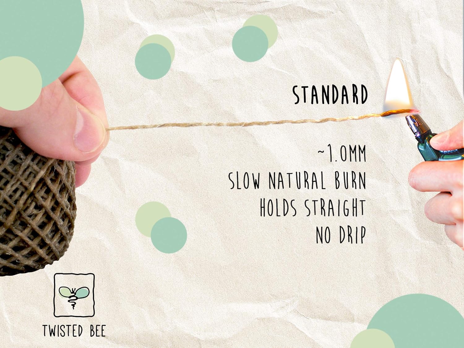 100% Organic Hemp Wick with Natural Beeswax Coating, Twisted Bee (200ft x Standard Size)
