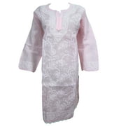 Mogul Womens Cotton Tunic Lucknowi Chikan Pink Kurti Needlecraft Exquisite Kaftan Dress