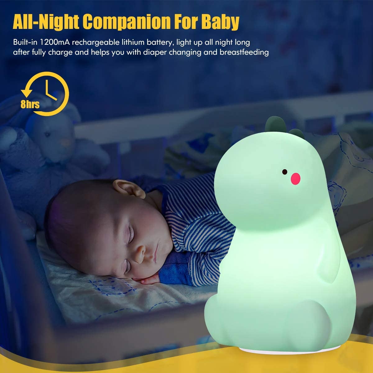 LNKOO Dinosaur Night Light - Cute Baby Night Light, Silicone Baby Night Light with Touch Sensor,Night lamp Rechargeable LED Bedside Nursery Lamp Tiktok Dinosaur lamp for Boys & Girls (USB Powered)