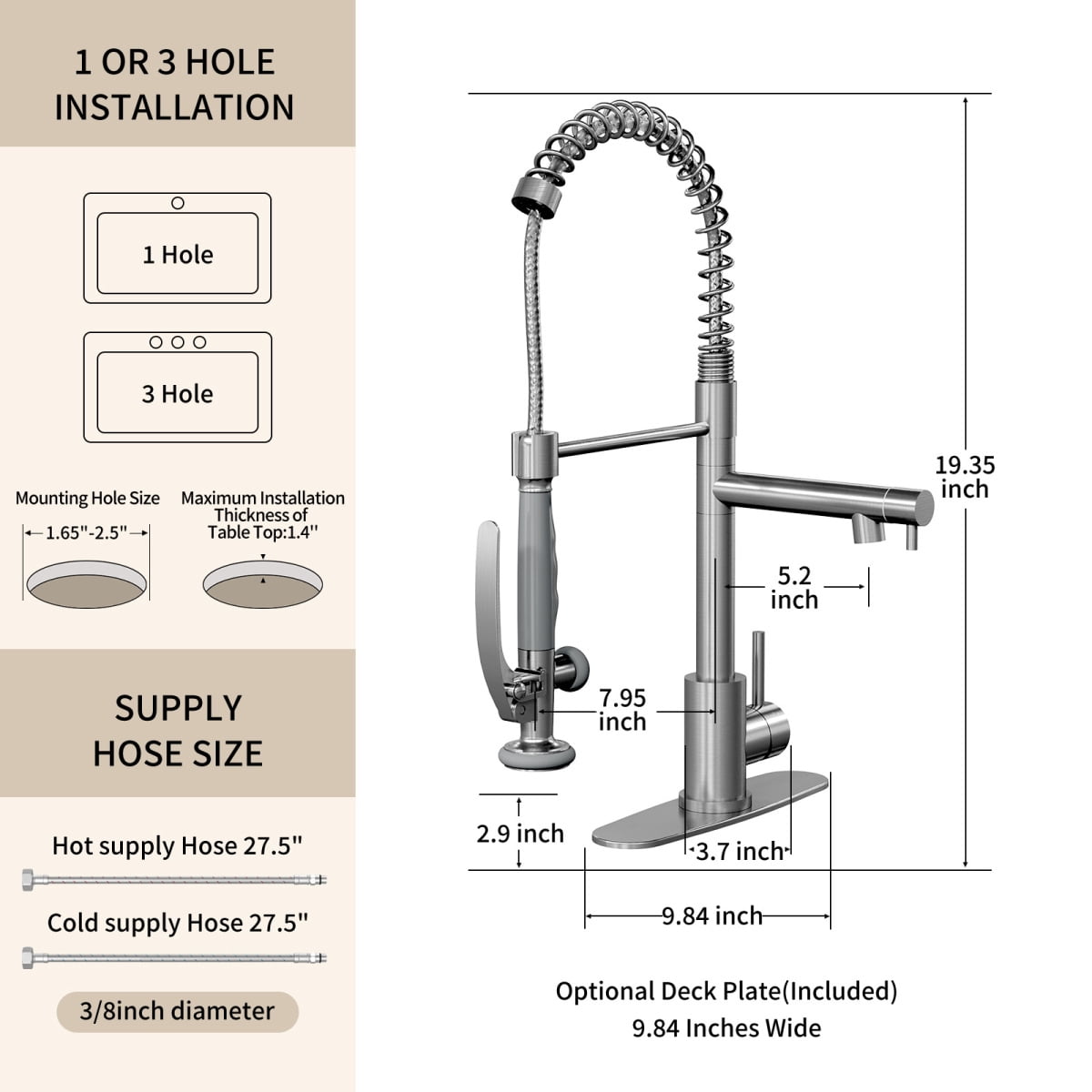 FENGFAN Brushed Nickel Commercial Pull Down Kitchen Faucet, 360 °   Swivel Single Handle Faucet with Pot Filler, 1 Pack