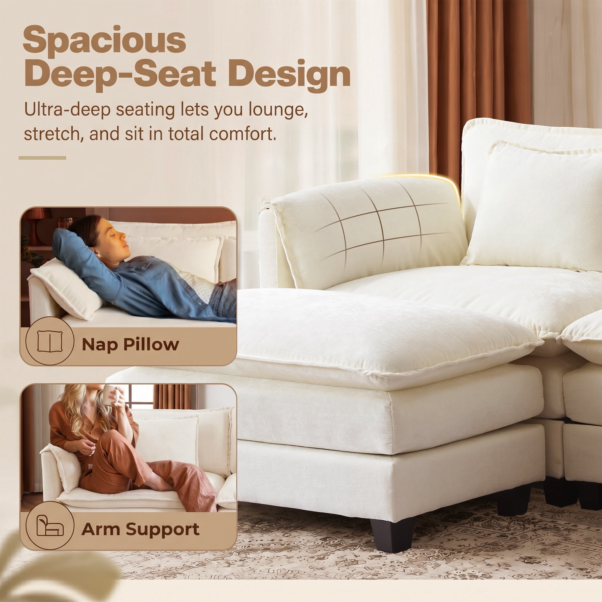 JULY'S SONG U Shaped Couch Set, 4-Seater Modular Sectional Sofa with Movable Ottoman, Deep Seat Couches and Sofas for Living Room, Comfy Cloud Couch with Detachable Cushions, Chenille Cream White