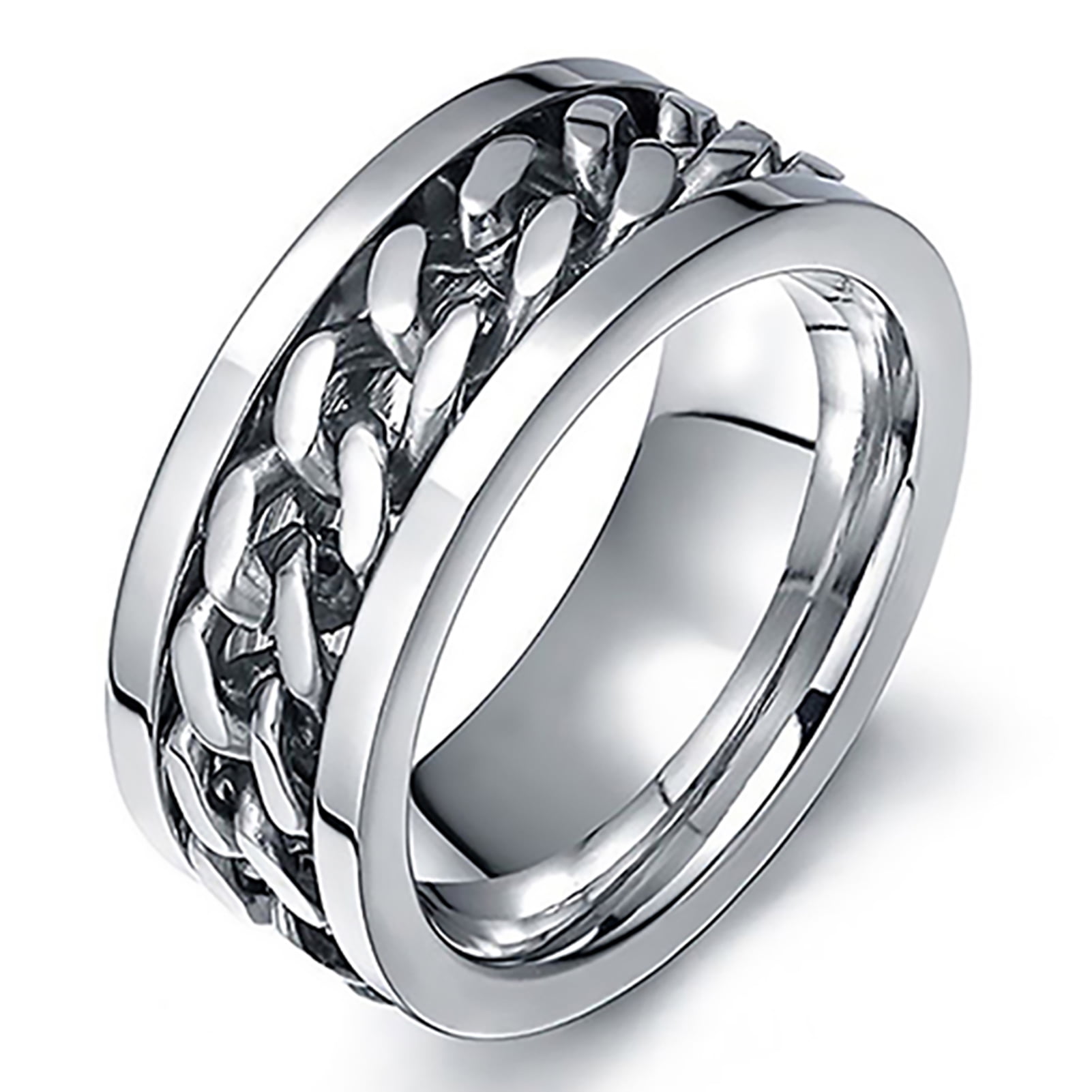 Flmtop Punk Hommes Femmes Unisexe Chaîne en Acier Inoxydable Incrusté Bague Anneau Bijoux Cadeau
