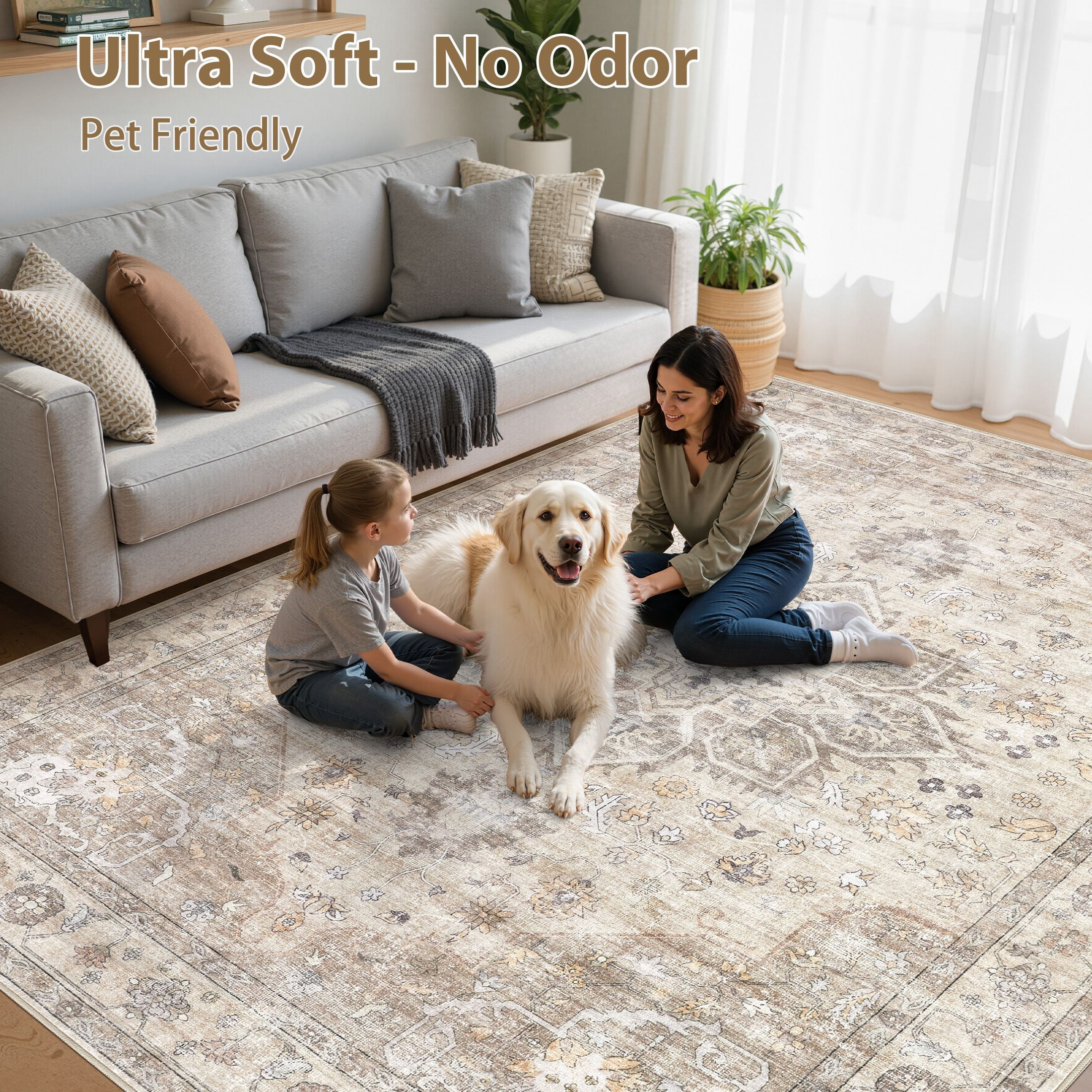 Uermei 6'x9' Vintage Traditional Area Rug: Washable Non-Slip Farmhouse Distressed Indoor Carpet for Living Room Bedroom Dining Room - Camel