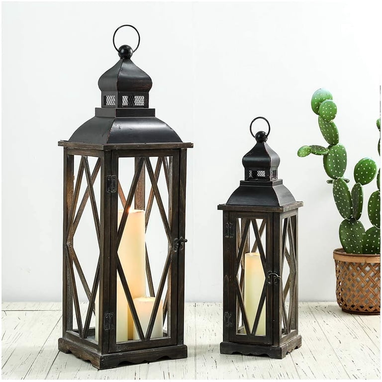 DECORKEY Large Square Hanging Candle Lantern - Vintage Metal Indoor/Outdoor Decor (Black)