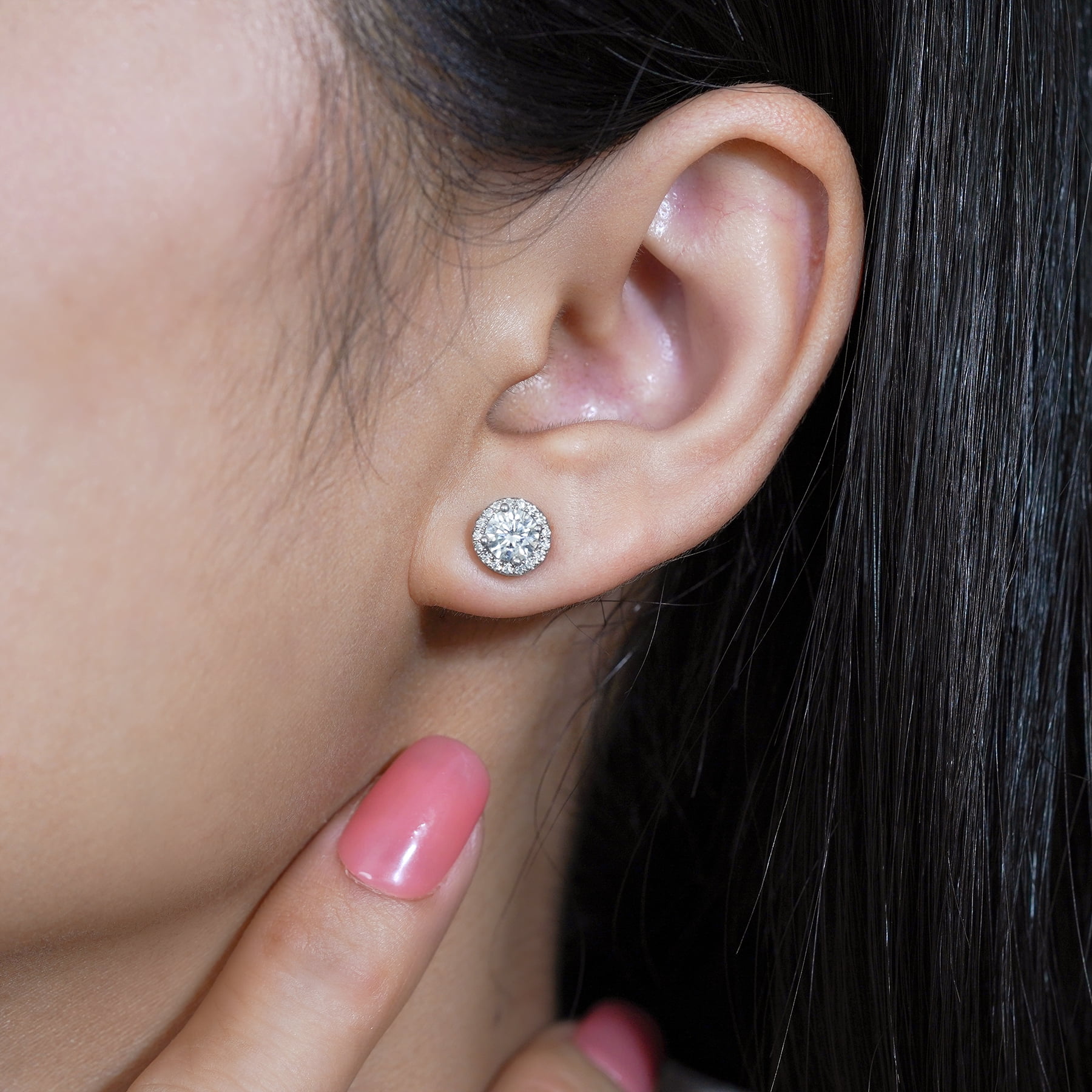JeenMata Lab Grown Diamond 1 Carat Round Brilliant Cut Halo Stud Earrings in 18K White Gold Plating for Women