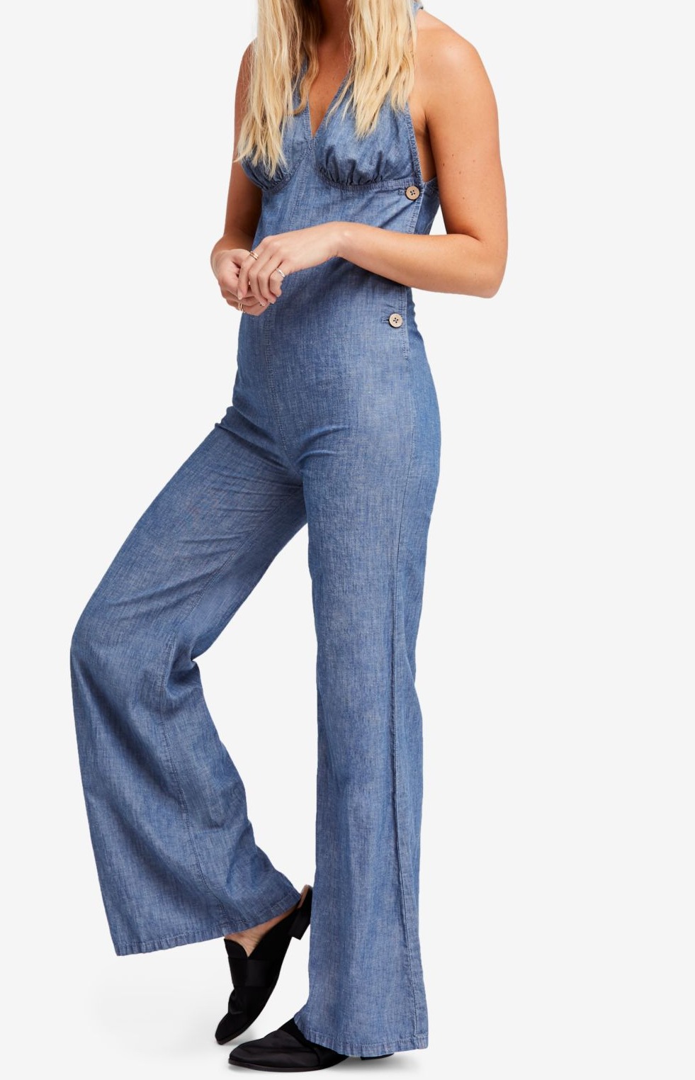 denim flare leg jumpsuit