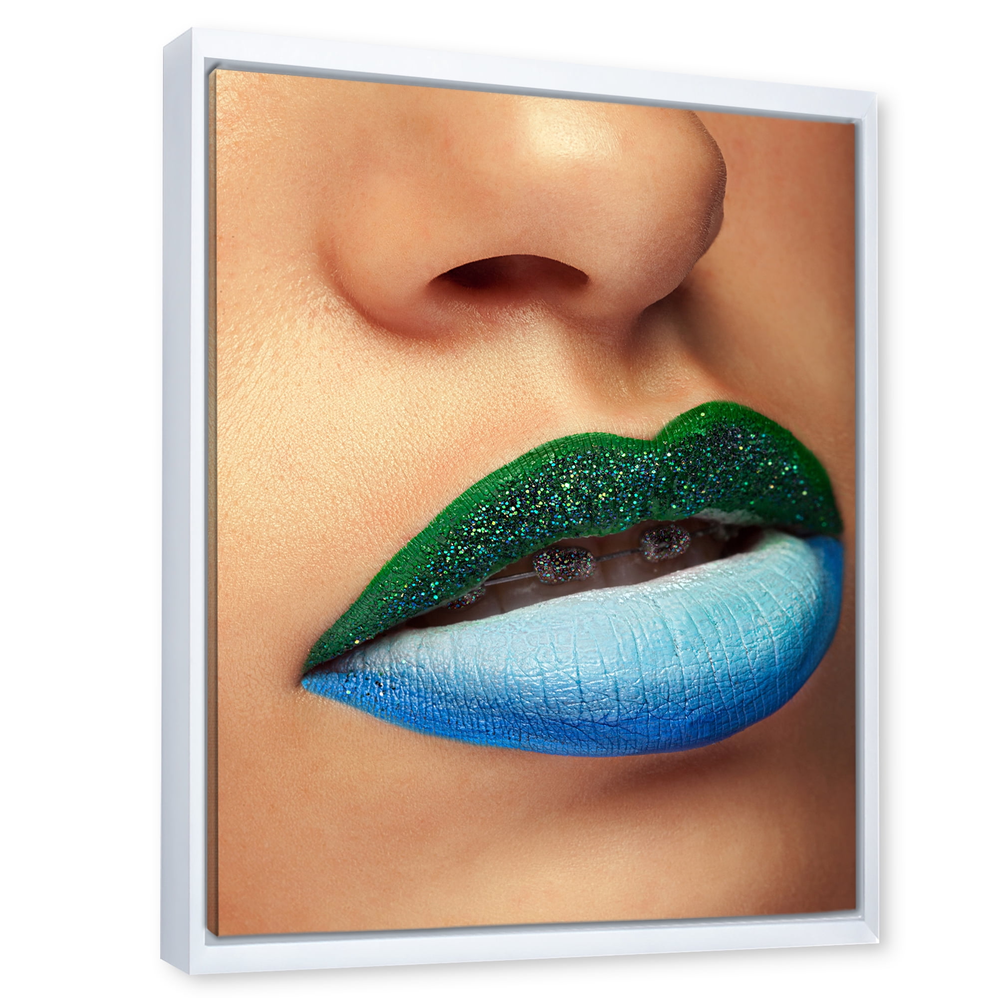 Designart 'Close Up Woman Lips With Fashion Make Up and Brackets' Modern Framed Canvas Wall Art Print