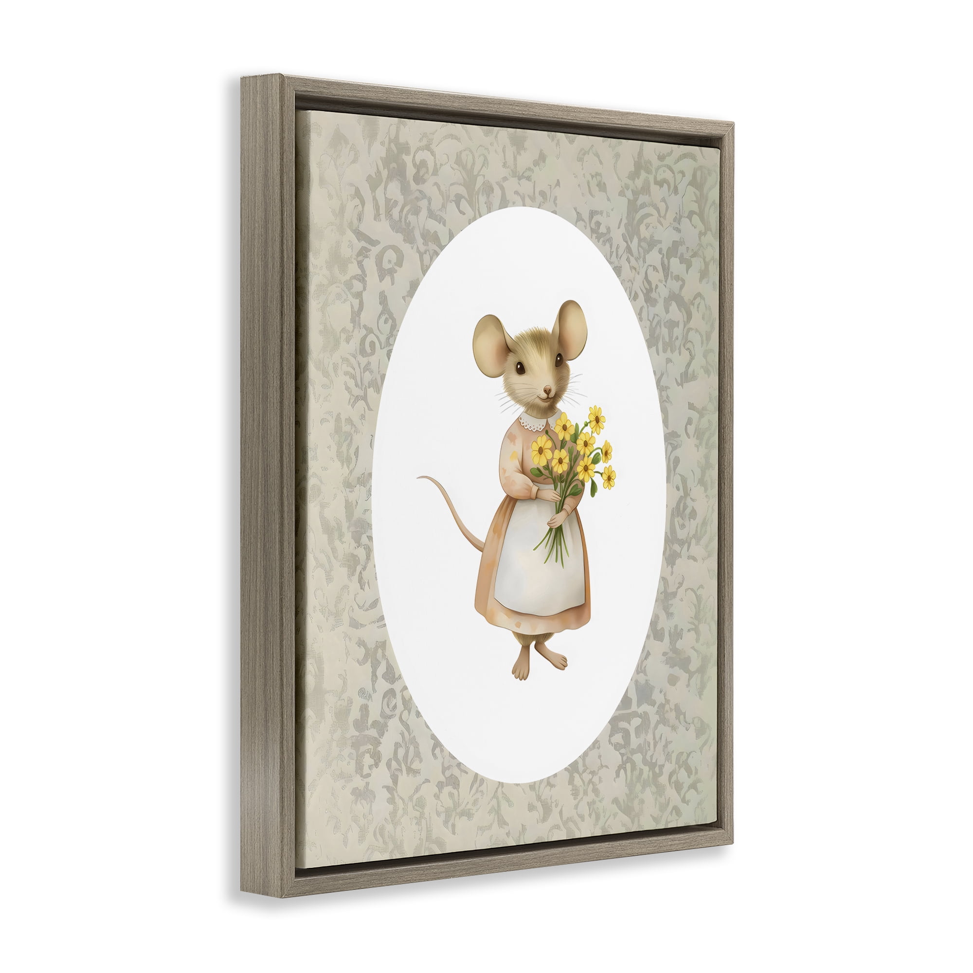 Stupell Industries Little Mouse with Flowers Brown Framed Floater Canvas Wall Art, design by Arlington Prints