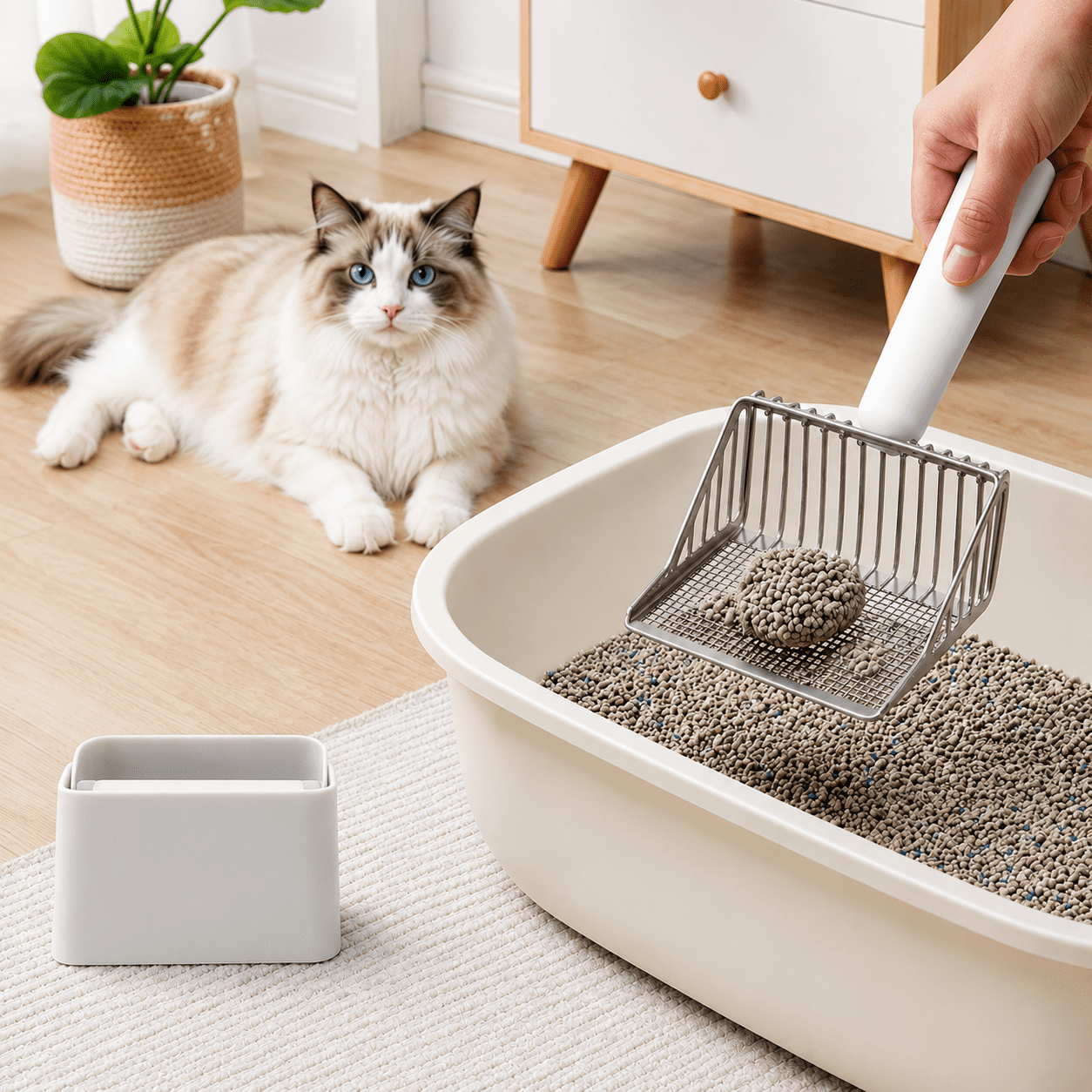 Yangxin Heavy Duty Stainless Steel Cat Litter Scooper with Holder – Dual-Hole Sifter for Clay & Pellets, Non-Stick, Easy Clean, Rust-Proof Kitty Litter Scoop, White