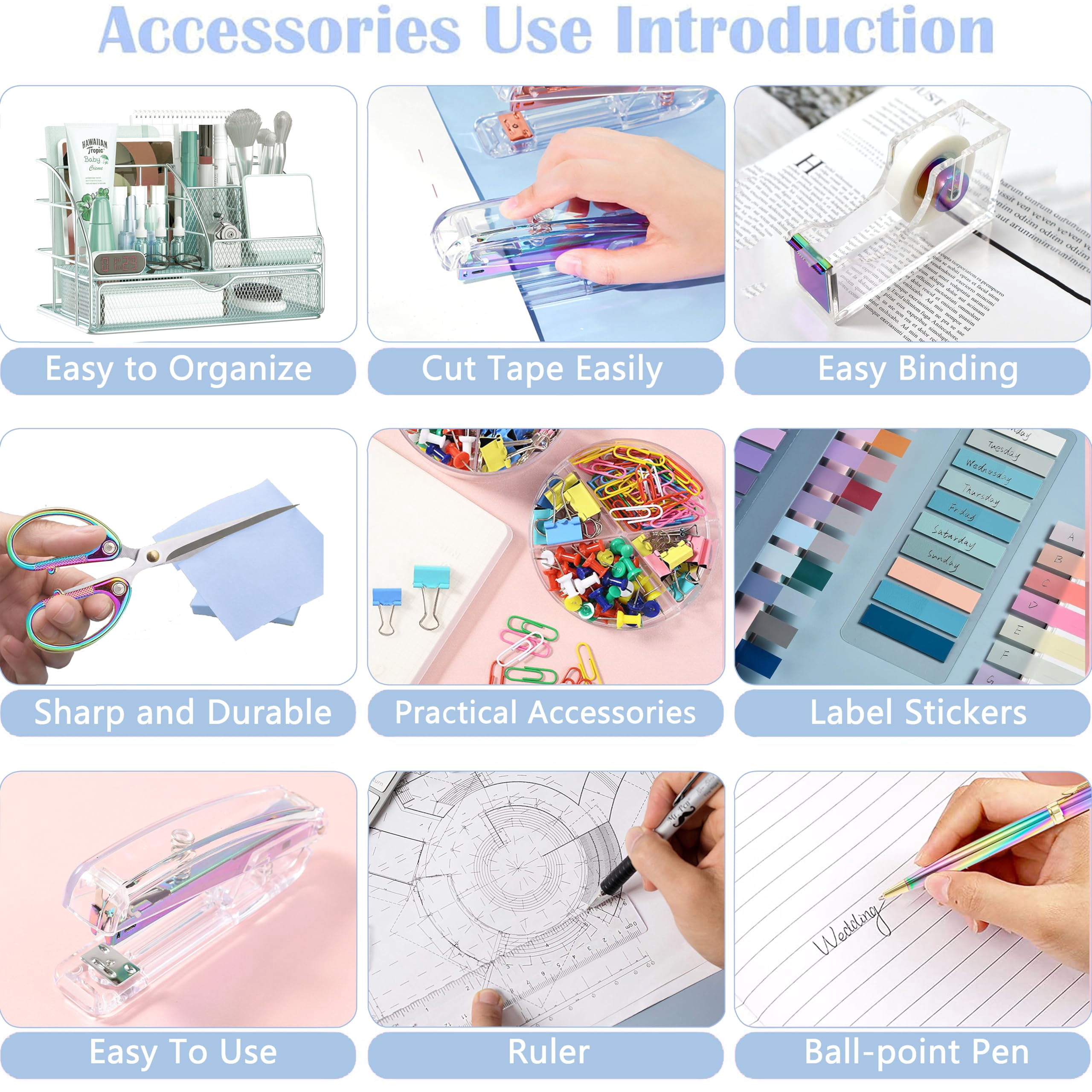 Dream Color Desk Accessories  Office Organizers And Supplies With Mesh Organizer Tape Dispenser Stapler Staples Ballpoint Pen Clips Set Ruler Scissor Sticky Tabs