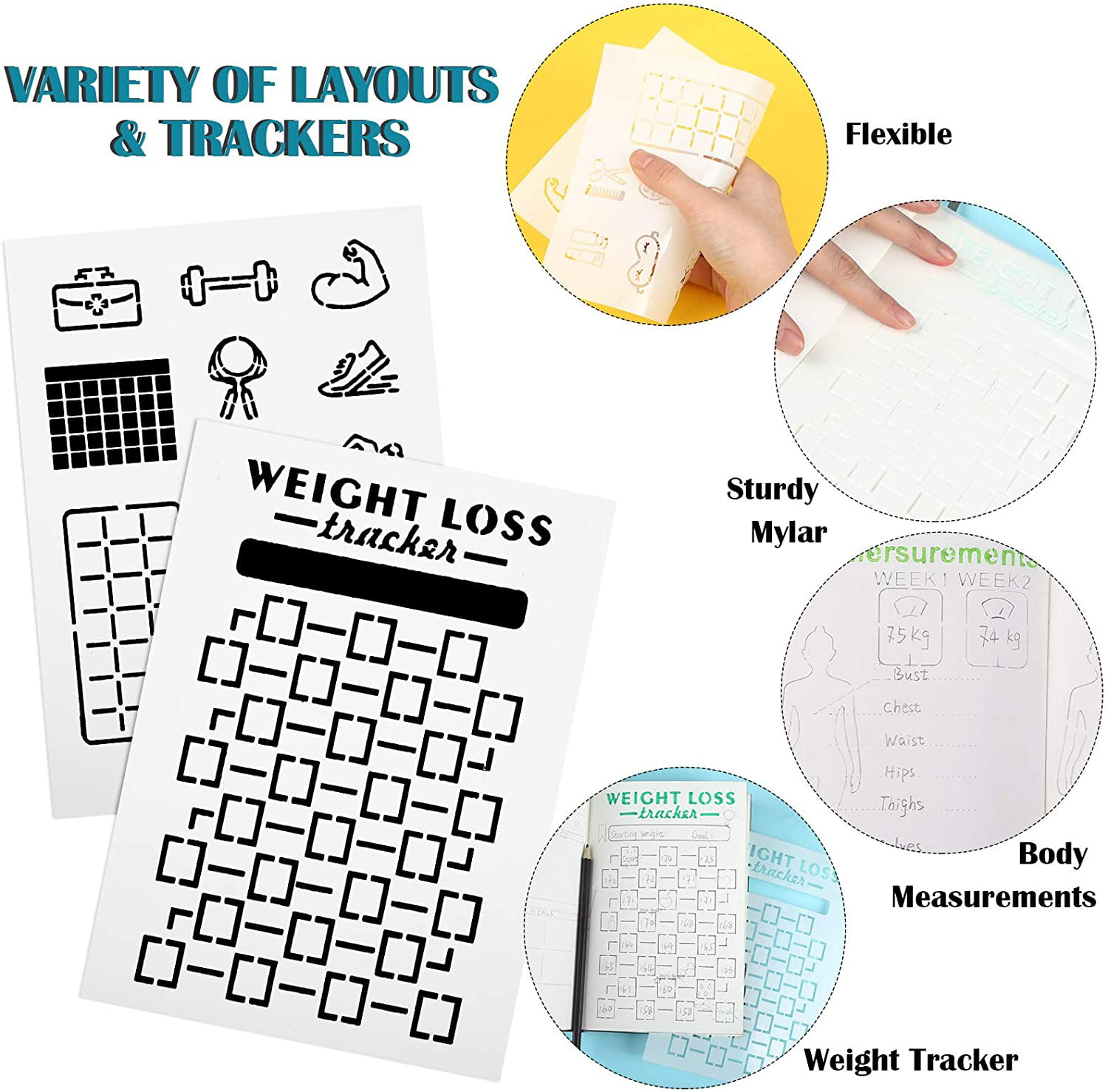 6 Pieces Health and Fitness Stencil Set Reusable Health Planning Stencil Daily Fitness Template Habit Trackers Journal Layouts Stencil Weight Loss Exercise Stencils for DIY Fitness Planners A5 Size