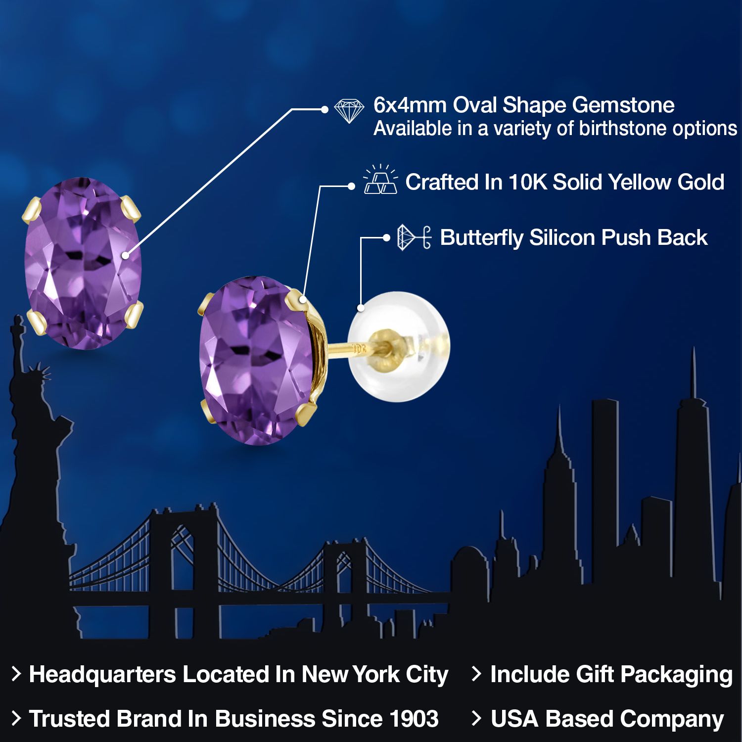 Gem Stone King 10K Yellow Gold Purple Amethyst Stud Earrings for Women Men (0.90 Cttw, Gemstone February Birthstone, Oval 6X4MM)