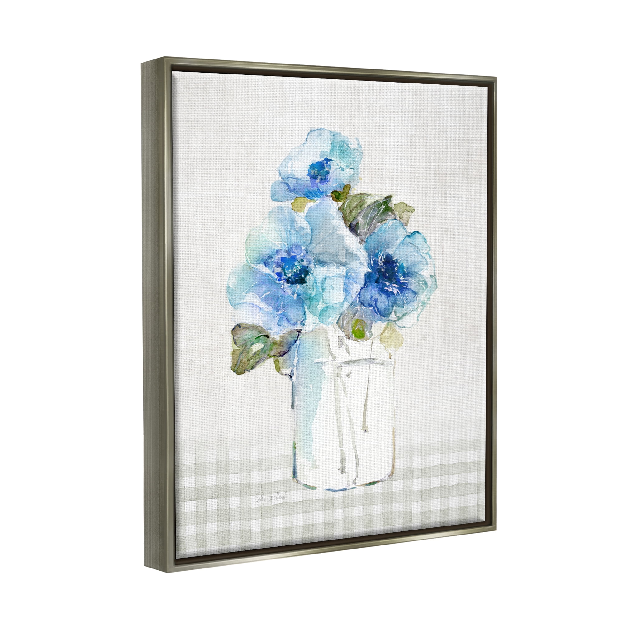 Stupell Industries Blue Flowers on Tartan Botanical & Floral Painting Gray Floater Framed Canvas Art Print Wall Art, 17 x 21