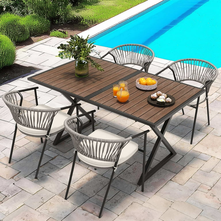 Dextrus 59 Rectangle Patio Outdoor Dining Table Outside Table With Faux Wood Tabletop and Metal Frame Brown