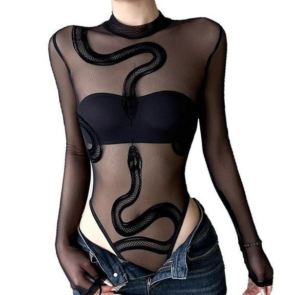 Women's Graphics Snake Sheer Mesh Long Sleeve Bodysuit Tops See Through Jumpsuit Leotard Clubwear