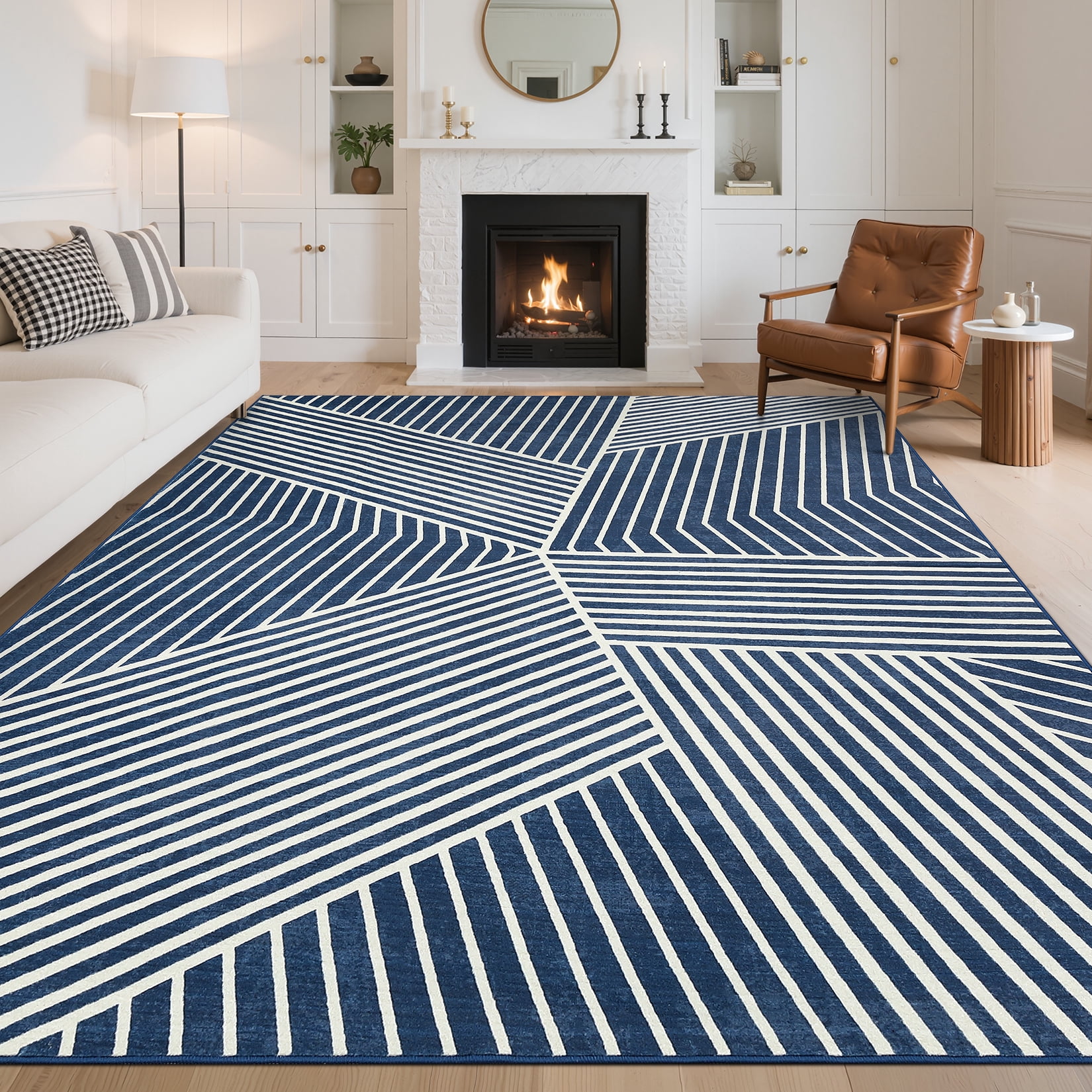 Hasoo Large Living Room Area Rug 9' x 12' Non Slip Indoor Carpet Blue/White Washable Modern Geometric Rug