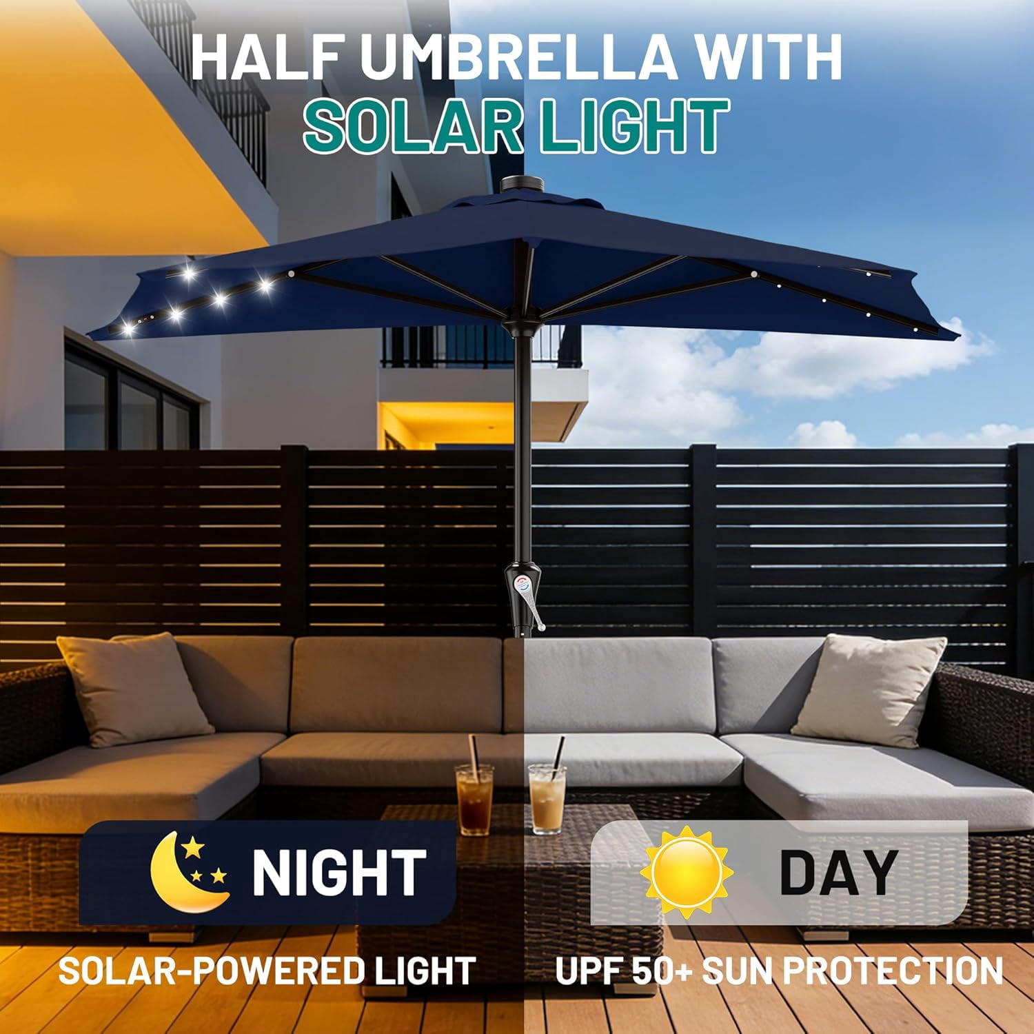 9ft Patio Half Umbrellas with Solar Lights, 1/2 LED Half Outdoor Umbrella w/ 20 LED Lights, Lighted Table Wall Umbrella with Crank & 5 Sturdy Ribs for Market, Pool, Deck, Lawn and Garden, Navy