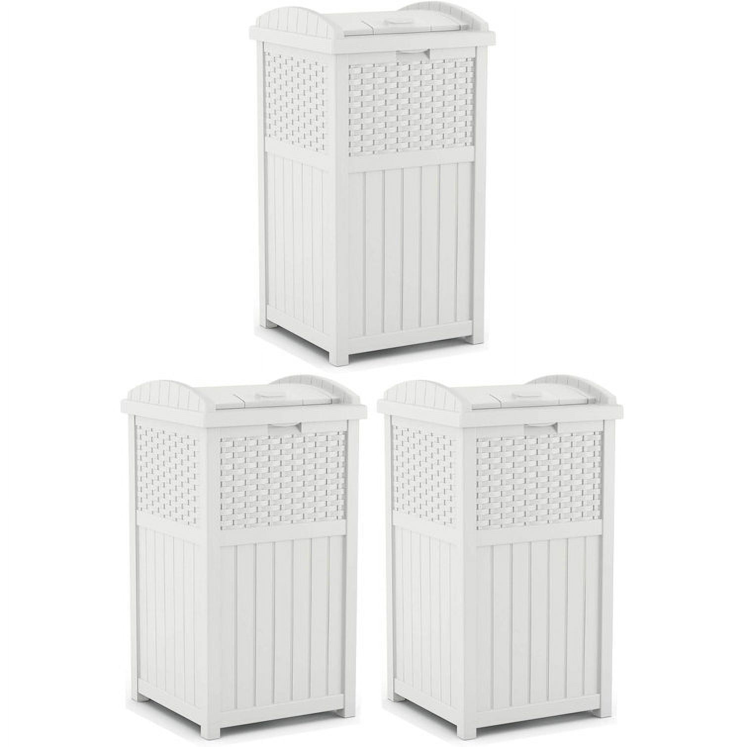 Suncast Resin Wicker Hideaway Outdoor Trash Can with Latching Lid, White
