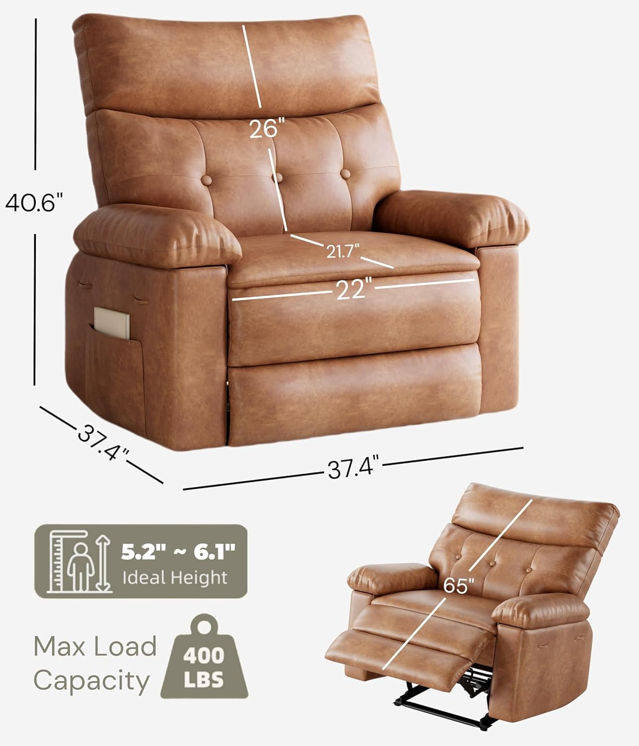 Oversized Recliner Chair - Faux PU Leather Large Manual Recliner for Adults, Exceptional Comfort Lazy Chair with 1.5X Sponge Filling and Easy Recline Mechanism for Relaxation