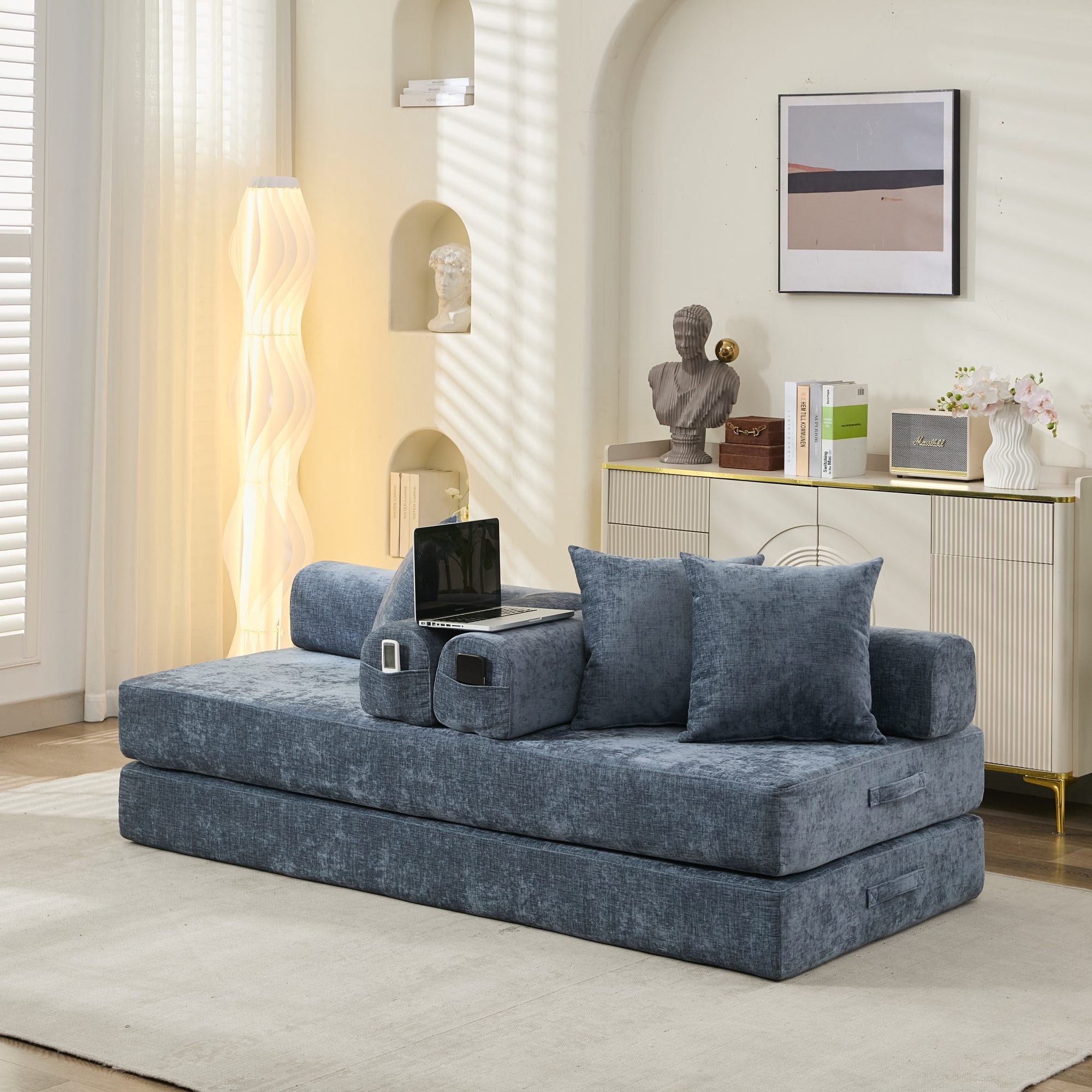 Leumius 78.8" Convertible Futon Sofa Bed, Boneless Couch for Living Room, Chenille Boneless Loveseat Sleeper Sofa, Foldable Floor Sleeper Mattress Lounge for Living Room Bedroom, No Assembly,Blue
