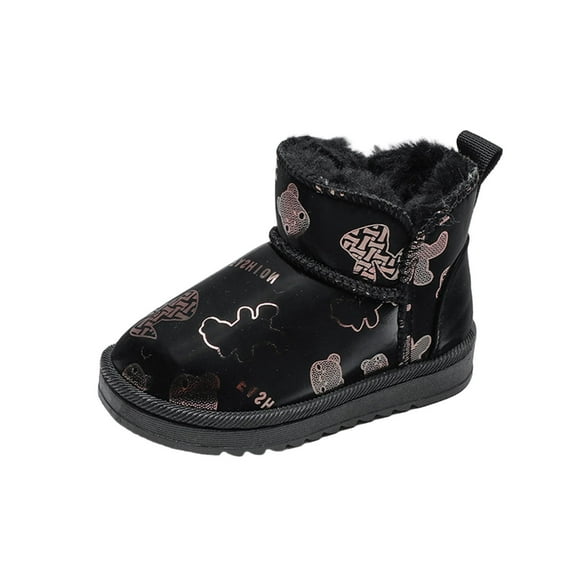 Black Girls Bear Print Snow Boots With Cozy Lining For Toddlers Ages 12-15 Months