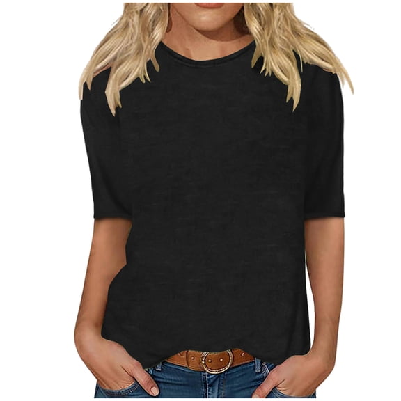 TKLPEHG Womens 3/4 Sleeve Tops Crew Neck Half Sleeve Top Fashion Solid Color Casual Comfy Lightweight Loose Fall Tops Pullover (Black,M)