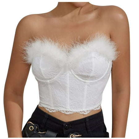 UYISJ Women s Feather Trim Corset Bandeau Tube Crop Tops Bustier Satin Faux Fur Sleeveless Tank Tops