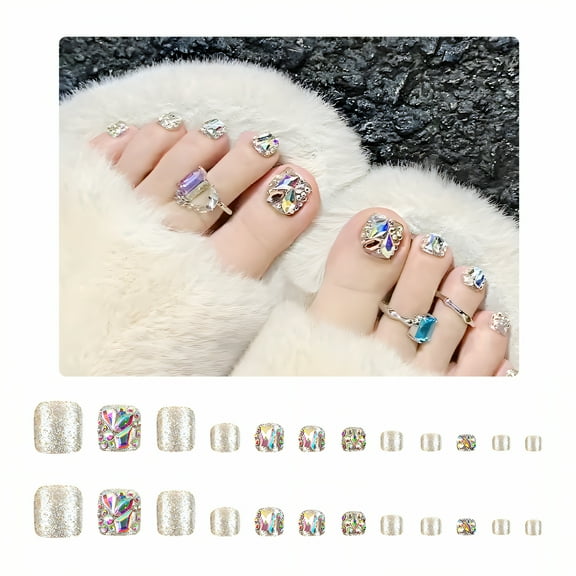 RAGUPEL 24Pcs Toe Press on Nails Square Short No Slide Design Glue on Nails with Rhinestones Square Press on Nails with Comes Includes Mini Glue for Women Style3