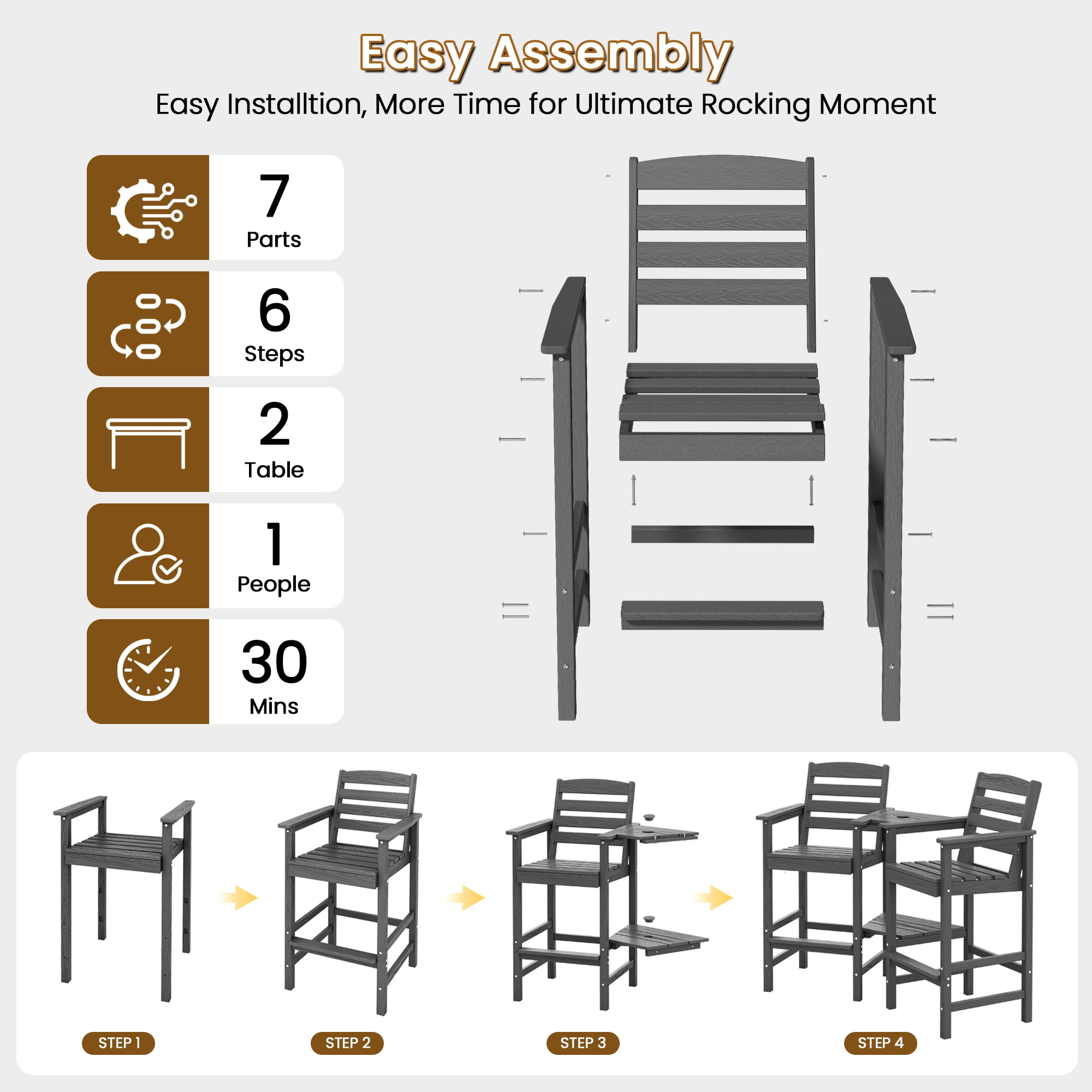 SERWALL Tall Adirondack Chairs Set of 2 with Connecting Table, HDPE Adirondack Outdoor Barstools, Grey