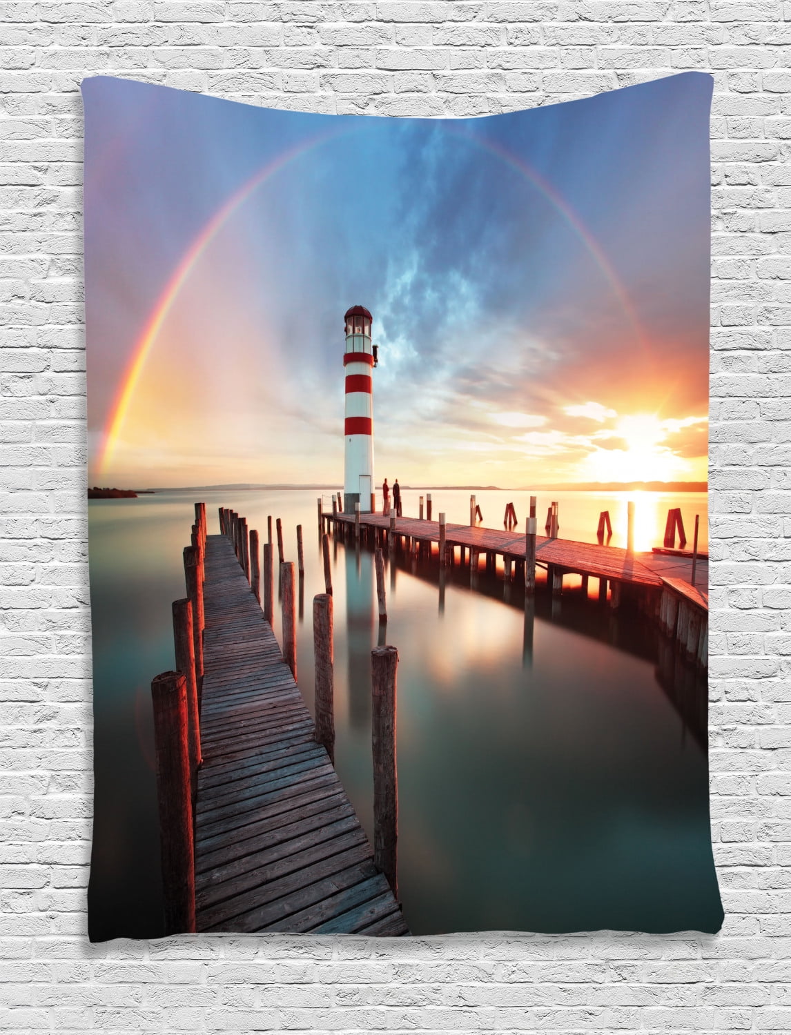 Lighthouse Tapestry, Sunset at Seaside Wooden Docks Lighthouse Clouds