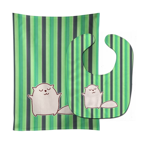 Cat Green Stripes Baby Bib and Burp Cloth
