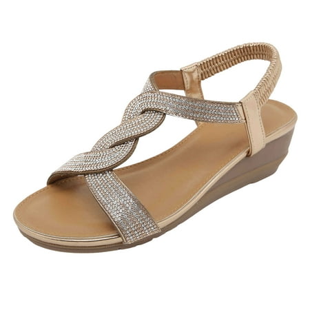 

WNVMWI Sandals Women Water Shoes Summer Womens Gold Sandals Khaki Shoes Slippers Flip Flops Summer Bohemian Style Rhinestone Beach Large Size Slope Heel Sandals Wedge Platform Sandal Red San Size 41