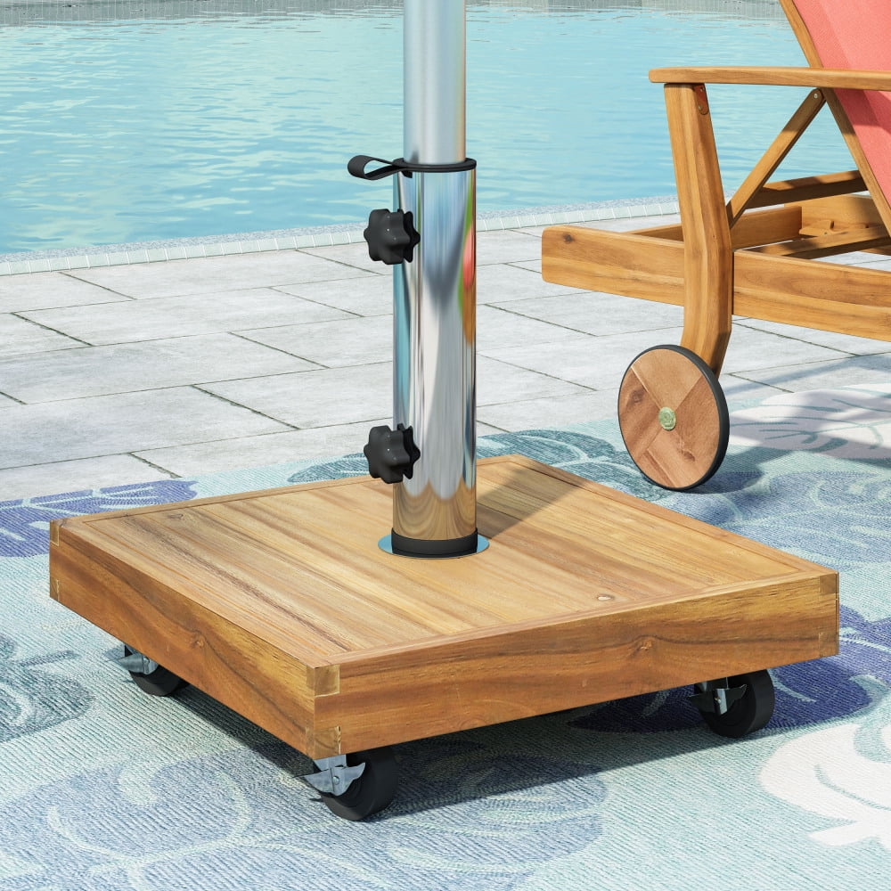 40 lbs Square Teak Finish Umbrella Base with Wheels, Heavy-Duty Patio Umbrella Stand for Outdoor Use