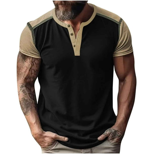 Blusa de Manga Corta Hombres Versátil Moda Color Bloque Botón Cuello Redondo, Camisa Casual Ligera para Diario